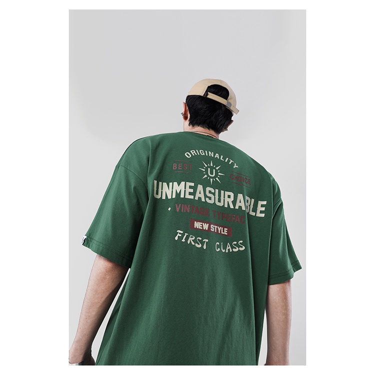 Áo Thun Nam HappyTee - Áo phông nam form rộng tay lỡ xanh rêu in Unmeasurable vải cotton 100 cao cấp