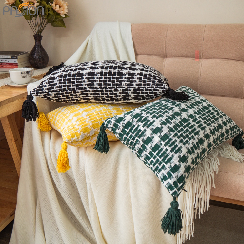Vỏ Gối Tựa Lưng Sofa Đan Caro Bông Dệt Sợi Tua Rua Rustic