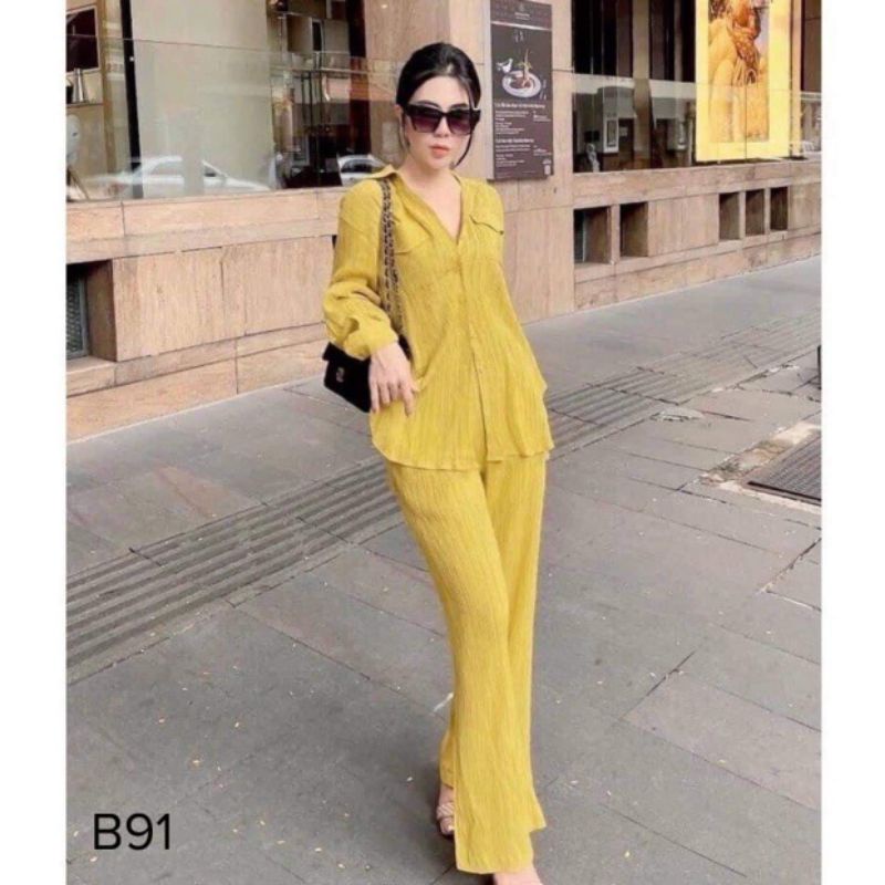 Set sơ mi đũi gân quần suông cạp cao, kèm áo sơ mi dài tay hàng may kỹ chuẫn form từ 40-70kg