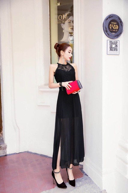 Đầm dự tiệc cổ yếm tôn dáng phối ren cao cấp sang trọng