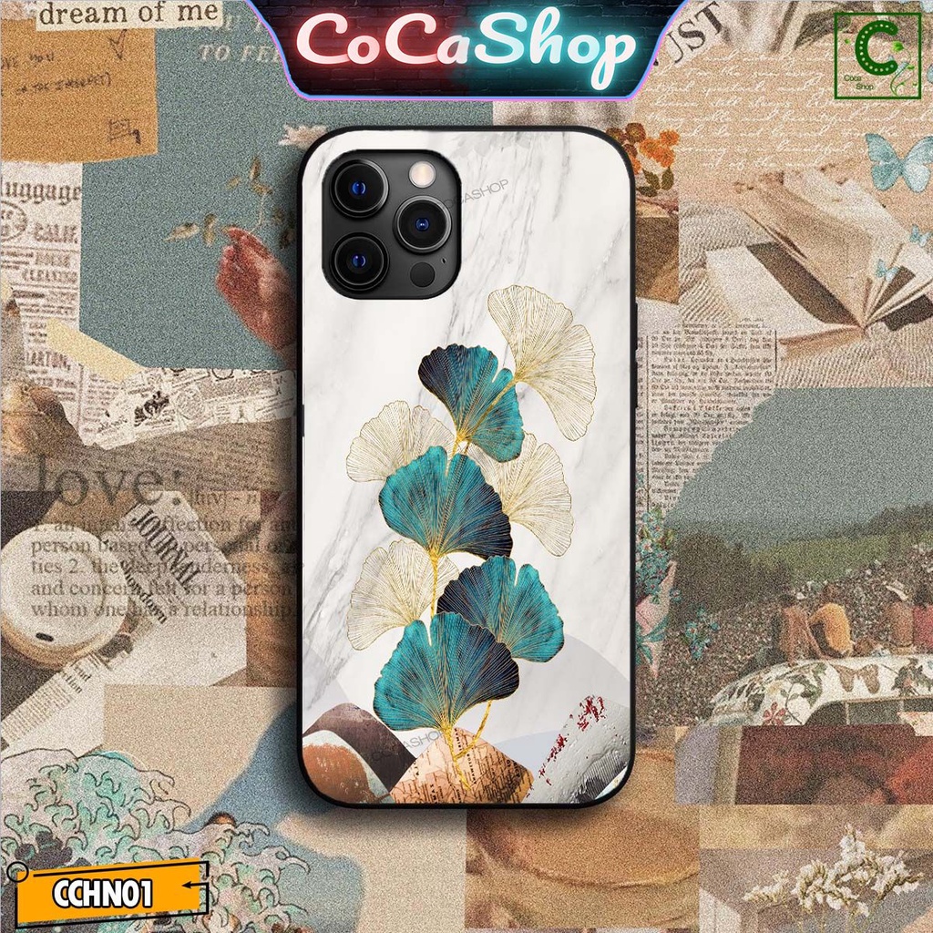 Ốp lưng iphone mặt kính cao cấp  - Lá cây xanh trắng phác họa  - 6/6plus/6s/6splus/7/7plus/8/8plus/x/.....
