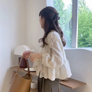 Phong Cách Hàn Quốc Nữ Nữ Rời Ren Plus Kích Thước Cổ Chữ V Đèn Lồng Áo Sơ Mi Tay Dài Áo Baju Baju Wanita Lengan Panjang Hàng Mới Sẵn Có