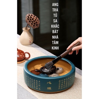 Ang nước, thuyền trà, gốm tử sa, có chữ viết tay Bát Nhã Tâm Kinh, kích thước 25cmx8.5cm, dung tích 2300ml