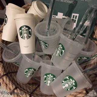 Bộ Cốc Uống Nước Starbucks Bằng Nhựa Có Nắp Và Ống Hút Thay Đổi Màu Sắc Có Thể Tái Sử Dụng / 24 fl oz /710ml