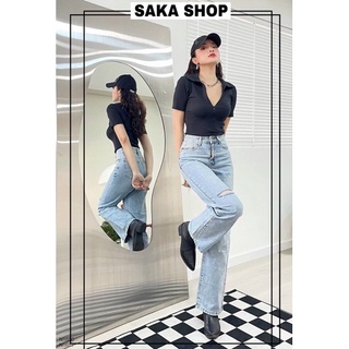 Áo thun nữ cổ sơ mi dây kéo khoá phía trước