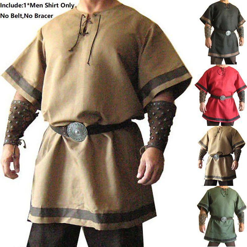Nam Thời Trung Cổ Norman Viking Trang Phục Halloween Tay Ngắn Áo Dài Áo Sơ Mi