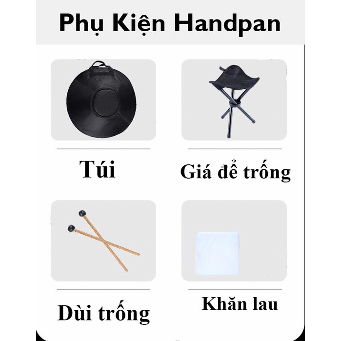 Trống handpan 10 note màu đồng - Đầy đủ phụ kiện (Túi đựng,khăn lau,giá để trống,dùi trống,dầu lau)