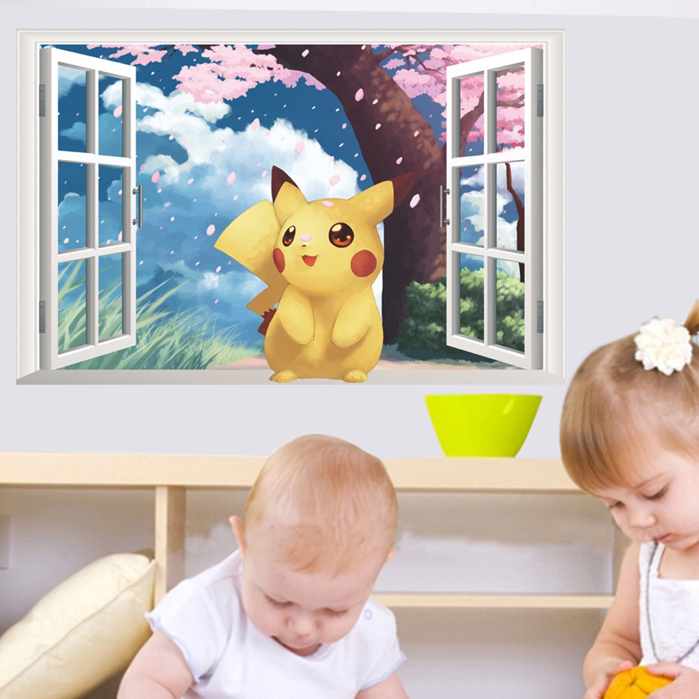 ST2 Pokémon Thám Tử Pikachu 3D Giấy Dán Tường Ba Chiều Miếng Dán Trẻ Em Phòng Ngủ Trang Trí Phòng Khách Sinh Nhật Par