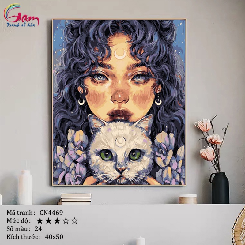 Tranh tô màu theo số Gam cô gái mèo mặt trăng căng khung 40x50cm CN4469