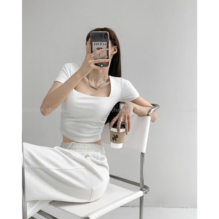 THEKIM Áo thun croptop tay ngắn , áo cổ vuông cho nữ may hai lớp vải  A112