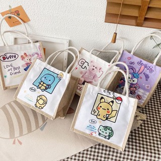 Túi Cói Vintage Đi Biển Phong Cách Hàn Quốc Hoạ Tiết Hoạt Hình Siêu Đáng Yêu