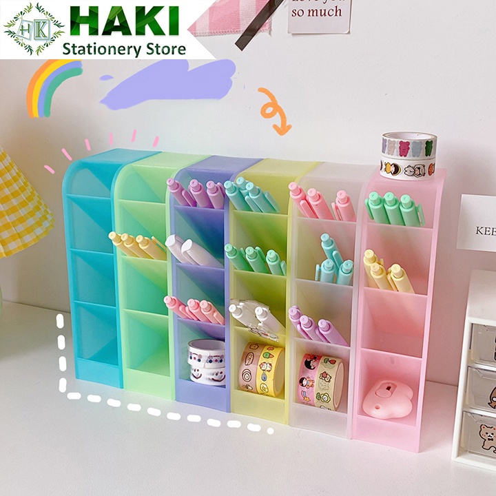 Hộp đựng bút 4 tầng HAKI, ống cắm bút 4 ngăn màu Macaron decor bàn ...