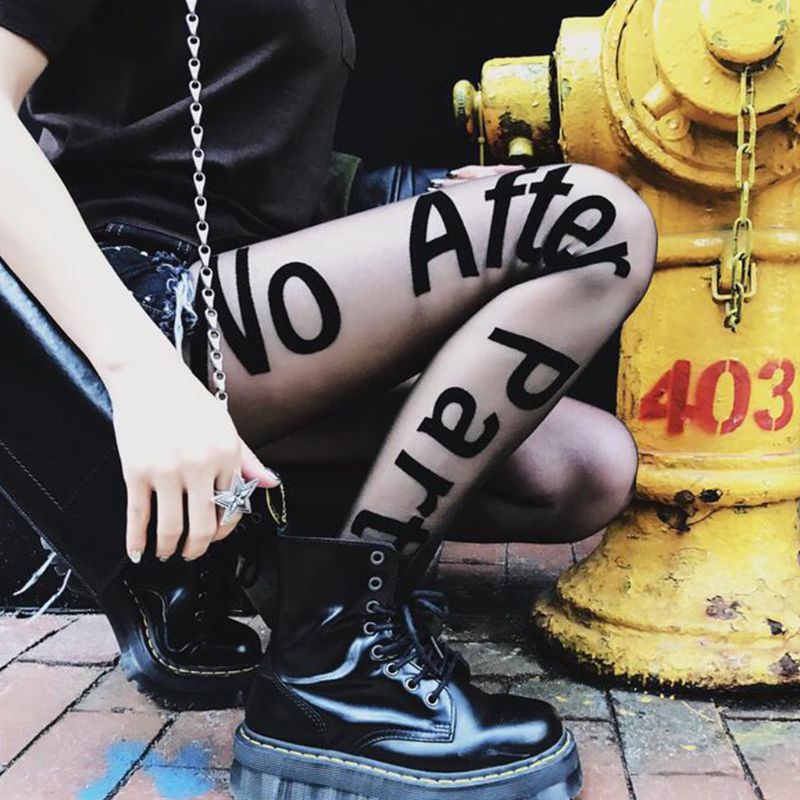 Vua Nữ Punk Chữ Cái Hình Xăm Quần Sau Tiệc Từ Quần Sheer Đen Co Giãn Skinny Mượt Chân Vớ