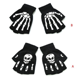Ấm cúng Tập Đi Trẻ Em Halloween Skeleton Skull Găng Tay Nửa Ngón Phát Sáng Trong Bóng Tối Dạ Quang Ngón Co Giãn Dệt Kim Mitte