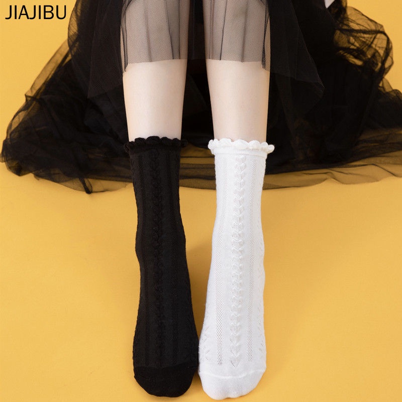 Vớ bong bóng ren đồng phục màu trắng JK vớ cotton đen phong cách hàn quốc Vớ công chúa gió dễ thương Vớ lông cừu ống giữa phong cách Lolita Nhật Bản Vớ bong bóng phong cách Harajuku White Lace Bubble Socks Japanese Lolita Cotton Socks