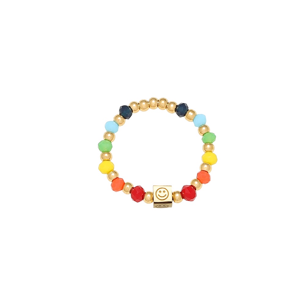Nhẫn nữ titan kiểu xâu chuỗi bi tròn và thủy tinh màu sắc charm mặt cười trái tim xinh xắn không gỉ WE2209