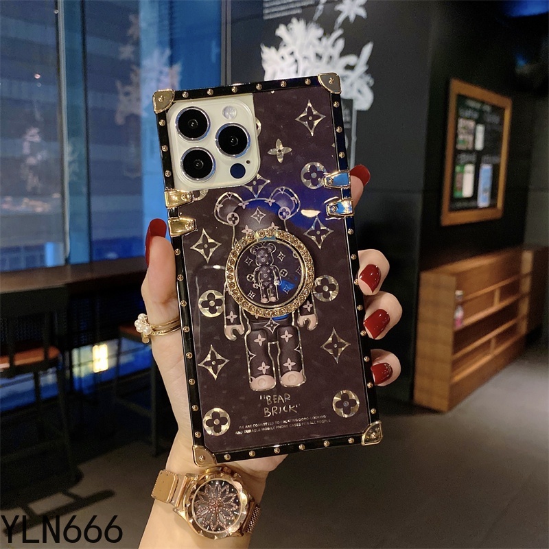 IPhone 16 PROMAX 15 14 PRO MAX 11 12 13 Pro Max X XR XS Max 14 15 16 PLUS Thời trang Bling Long lanh Phim hoạt hình gấu vuông Vỏ điện thoại có đế