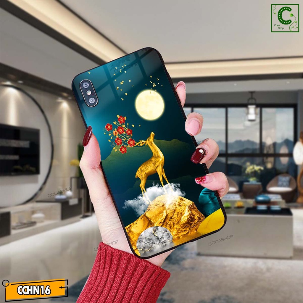 Ốp lưng iphone mặt kính cao cấp -Hươu vàng lộc lá nở hoa - 6/6plus/6s/6splus/7/7plus/8/8plus/x/.....
