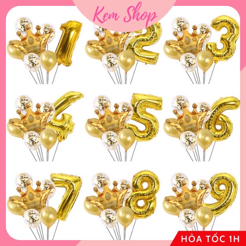 Set bóng vương miện, bóng kim tuyến, bóng nhũ và số màu vàng gold phong cách hiện đại trang trí sinh nhật - K145