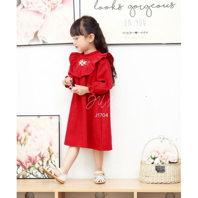 Váy Thu Đông Cao Cấp Thêu Hoa Cho Bé Gái 1-10 Tuổi Nhung Tăm Váy Bé Gái Dài Tay Màu Hồng, Màu đỏ Baby Doll Dáng A