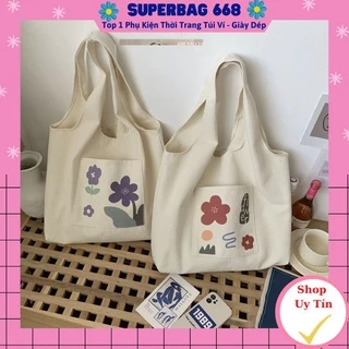 Túi đeo vai vải canvas liền thân có ngăn ngoài hoạ tiết hoa lá Superbag668 283