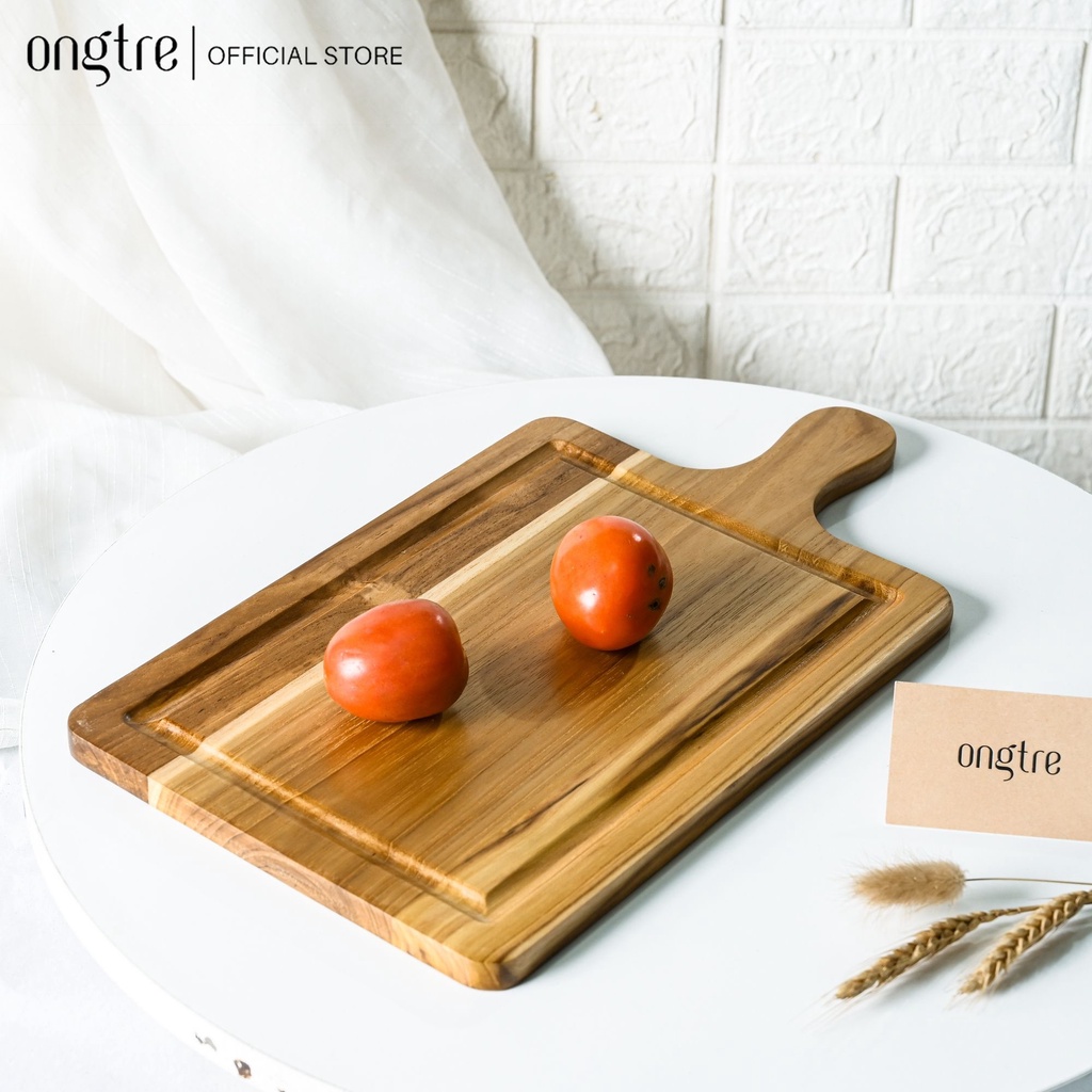 Thớt gỗ Teak ONGTRE hình chữ nhật, tròn tay cầm chống mùn, mốc an toàn, thân thiện với môi trường