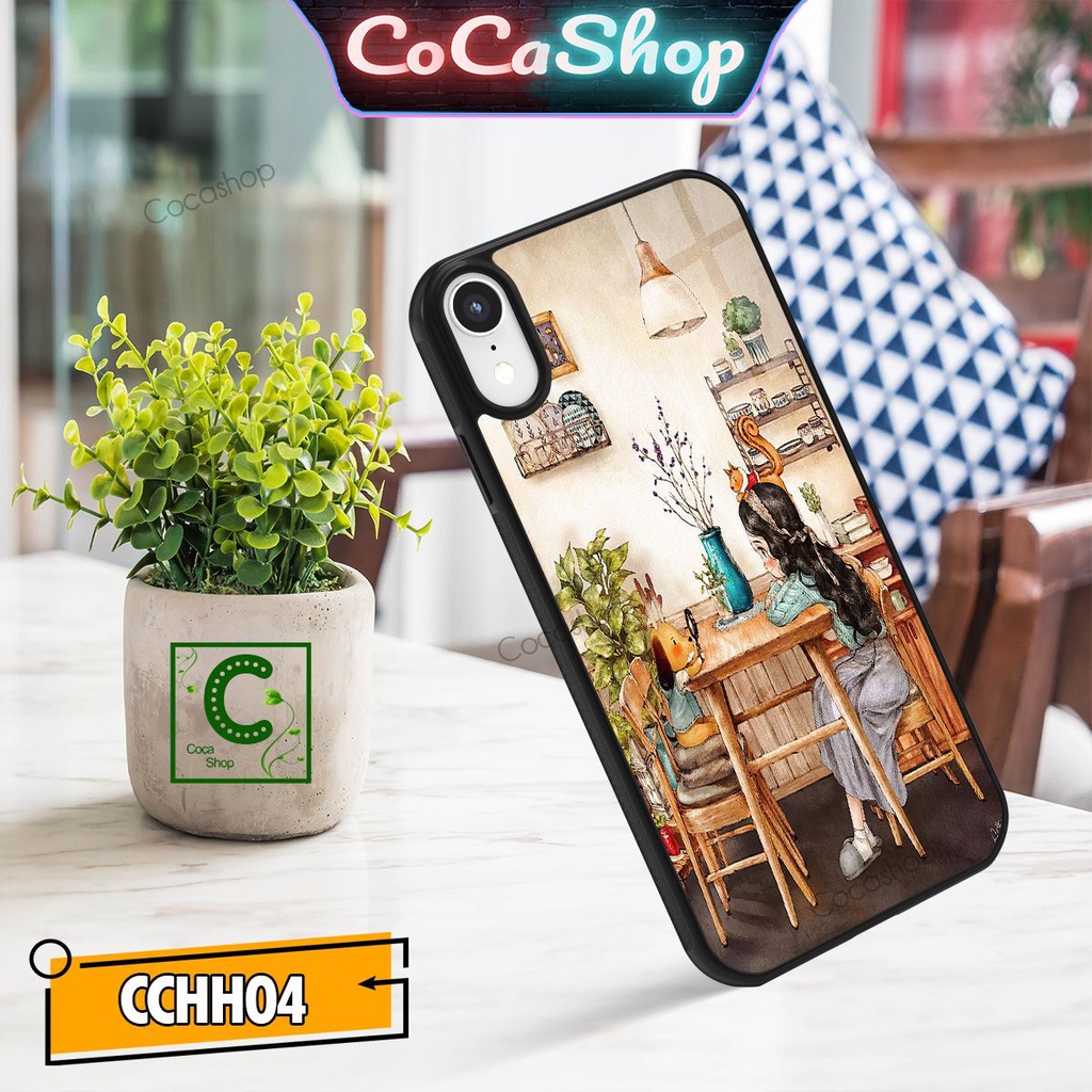 Ốp lưng iphone mặt kính cường lực chống va đập - Cô gái tâm sự cùng chú chó cực dễ thương - 6/6plus/6s/6splus/7/7plus...