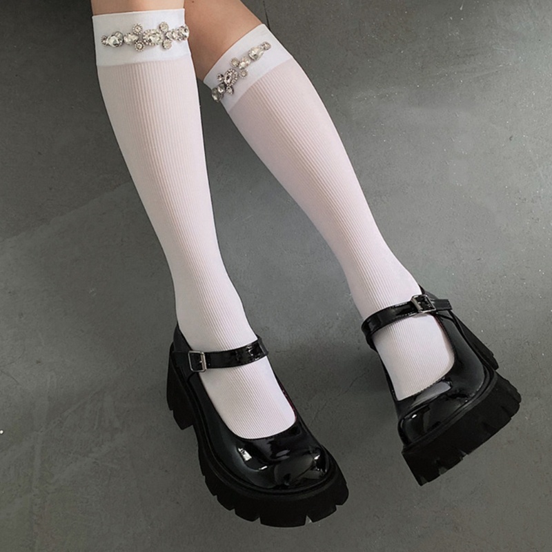 KIN Nữ Mùa Hè Sọc Co Giãn Đầu Gối Preppy Phong Cách Gothic Màu Giả Pha Lê Kim Cương Vớ