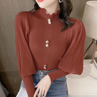 Áo Dệt Kim Nữ Tay Dài Cổ Cao Ôm Dáng Phong Cách Hàn Quốc baju baju wanita Lenan panjang