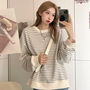 SUXI Áo Sweater Tay Dài Cổ Tròn Vải Mỏng Kẻ Sọc Phong Cách Thể Thao Cổ Điển Kiểu Hàn Thời Trang Mùa Thu Cho Bạn Nữ