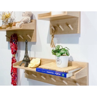 Kệ gỗ treo tường trang trí,để đồ,để sách có móc treo quần áo,treo phụ kiện decor