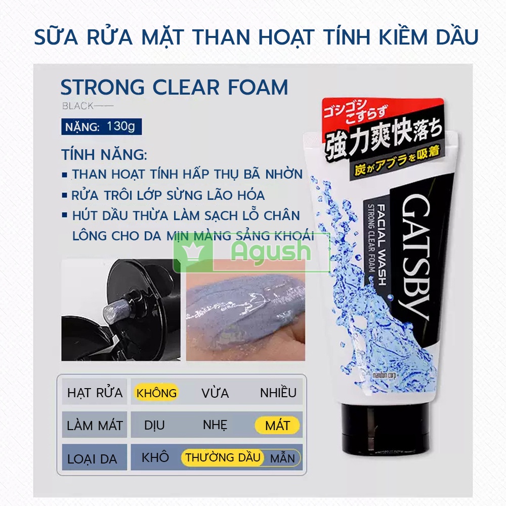 Sữa rửa mặt nam giới da dầu mụn chính hãng Gatsby Facial Wash Strong Clear Foam chai 130g than hoạt tính tạo bọt giá rẻ