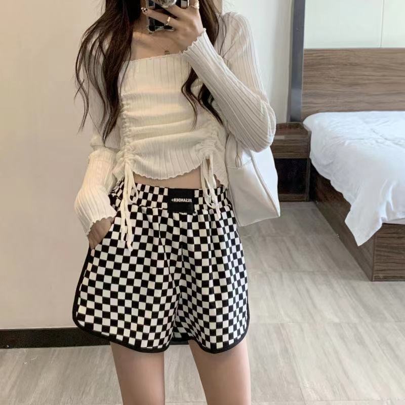 Quần short thường ngày ống rộng eo cao cắt thẳng họa tiết ca rô thời trang mùa hè dành cho nữ