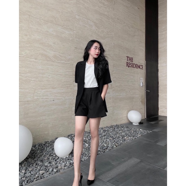 Áo blazer nữ [MAY THEO SỐ ĐO] -áo khoác vest - chất liệu cao cấp, 2 lớp-lót lụa, ĐEN NGẮN TAY  - Tiệm may Diluclothing