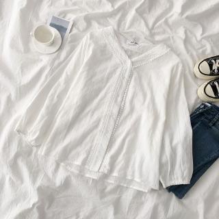 Phong cách hàn quốc nữ ren dài tay cổ chữ v dáng rộng áo baju baju wanita lengan panjang