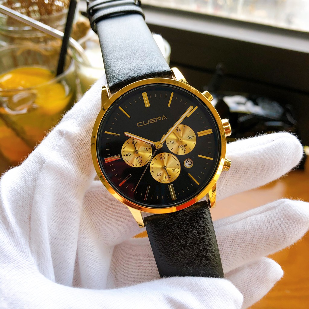 Đồng Hồ Nam Dây Da Đen Cao Cấp Chính Hãng CUENA Full 6 Kim + Lịch Ngày ...
