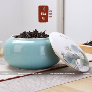Hũ Trà Sứ Sen 2 Màu Xanh Nhạt Và Xanh Đậm - Kính thước hũ 13x19cm