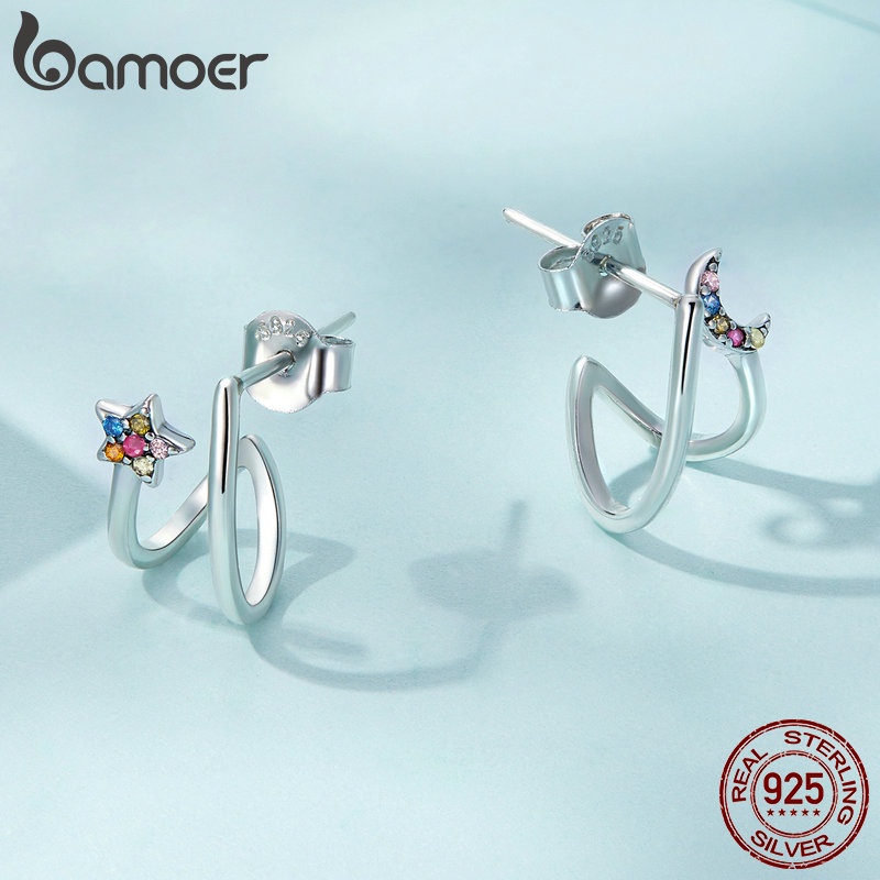 BAMOER Bông Tai Bạc 925 Hình Mặt Trăng Ngôi Sao Thời Trang Cho Nữ