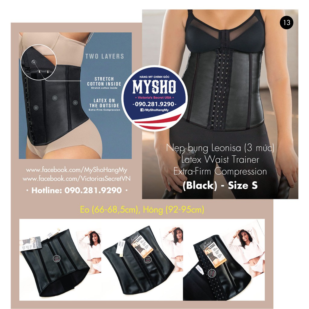 Size S, M Đai nịt bụng Leonisa có 3 mức điều chỉnh, màu đen, Latex