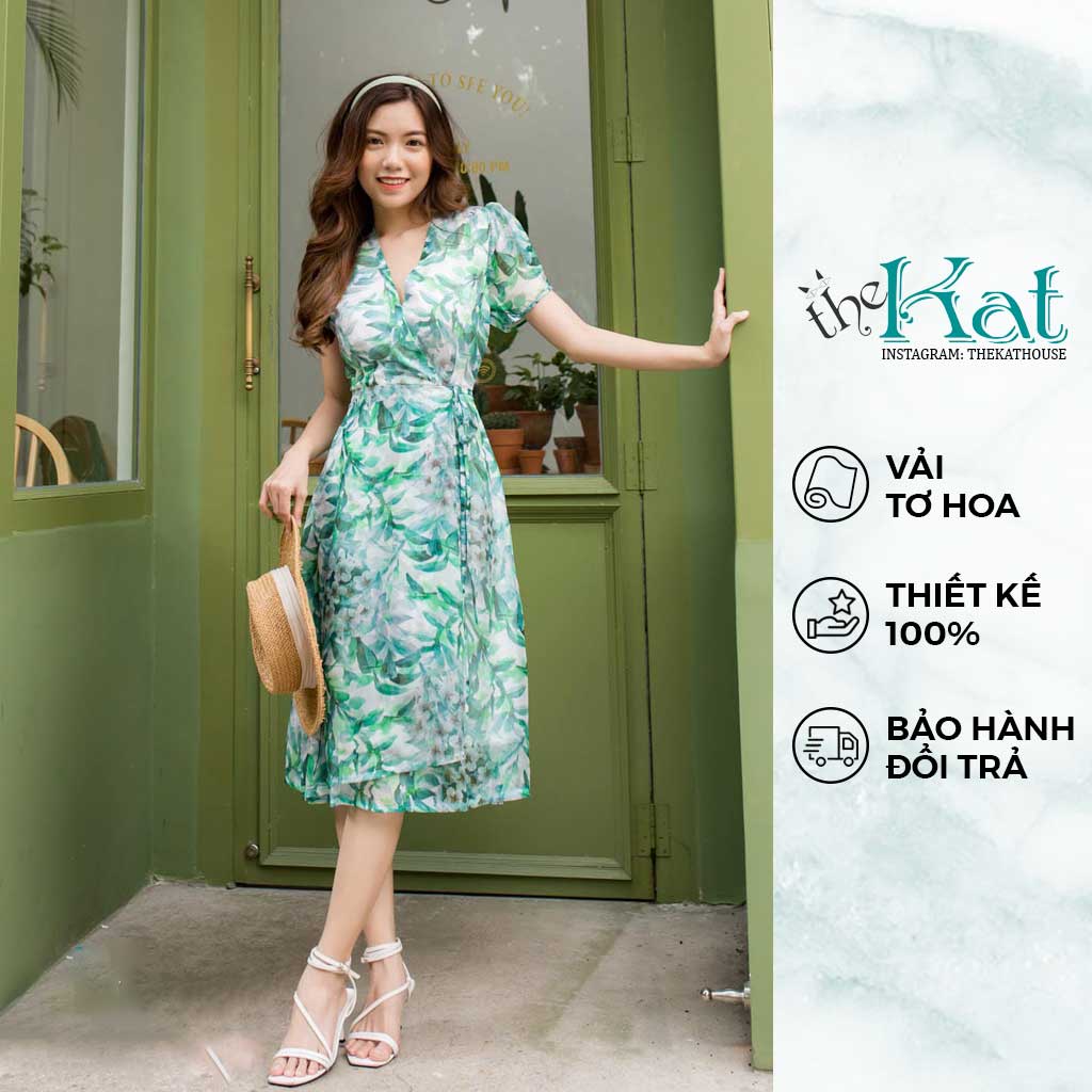 Đầm Tơ Hoa Cổ V Mùa Hè The Kat House, chất vải mềm mịn, vải tơ siêu nhẹ, hoạ tiết hoa xinh xắn thanh lịch
