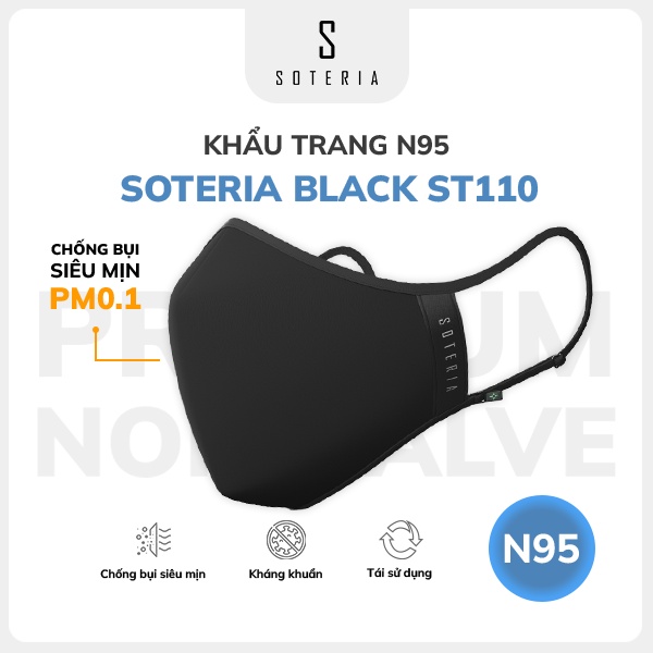 Khẩu trang thời trang Soteria Black ST110 - N95 lọc 99% bụi mịn 0.1 micro - Size S,M,L