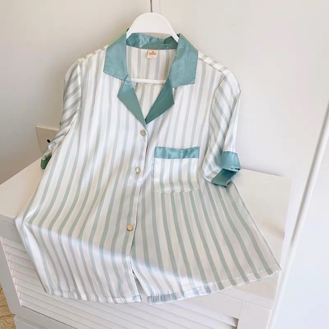 Bộ Đồ Ngủ Lụa Satin Mặc Nhà Pijama Cao Cấp Hoạ Tiết Kẻ Sọc H98 ( kèm video)