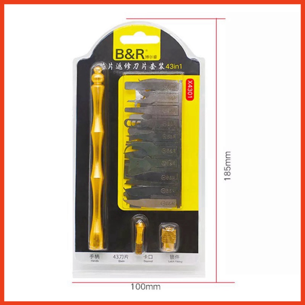 Bộ dao đục tách ic vệ sinh keo B&R X4301, gồm cán và 43 lưỡi dao