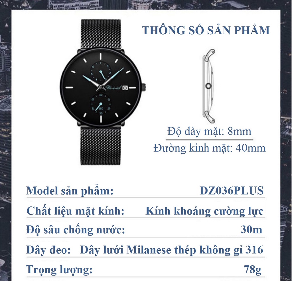 Mô tả Đồng hồ nam DIZIZID dây thép lụa đen chạy full 5 kim - Thiết kế lịch lãm nam tính DZ5KC9 - 6
