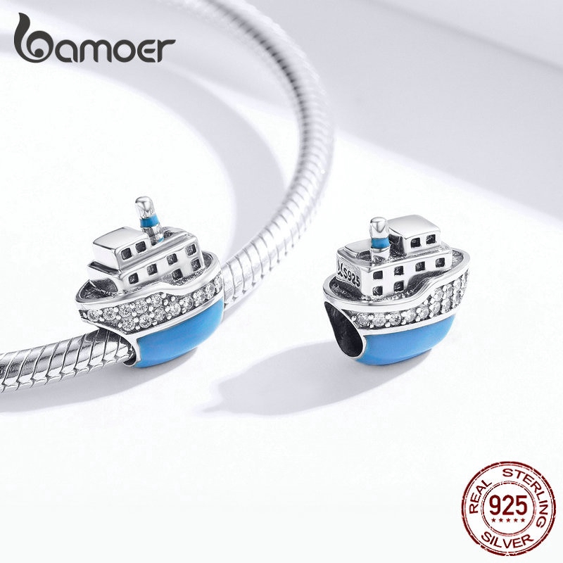 Hạt trang sức Bamoer SCC1379 bằng bạc 925 hình tàu du lịch dùng làm trang sức vòng tay thời trang 3mm