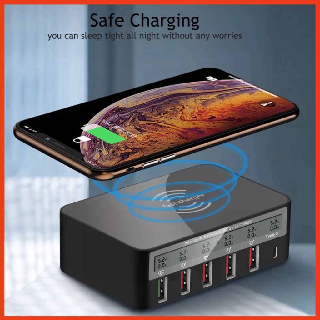 Bộ sạc nhanh 40W 818F, sạc không dây 10W, 6 cổng USB-A, QC3.0, Type-C