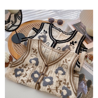Áo Sweater Dệt Kim Sát Nách Dáng Rộng Cổ Chữ V Thêu Hoa Phong Cách Hàn Quốc Cho Nữ