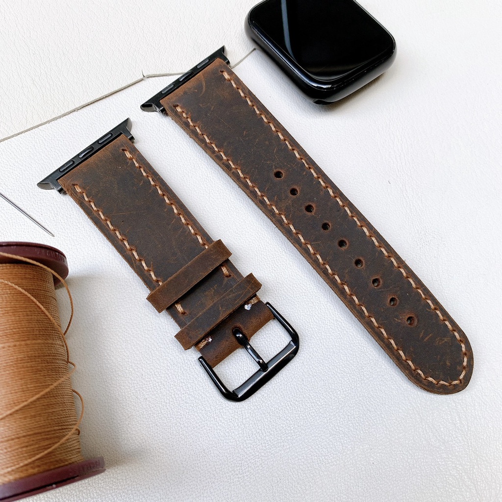 Dây đeo Apple Watch da bò 2 lớp nâu đậm, đủ seri 1,2,3,4,5,6... 38mm,40mm,42mm,44mm