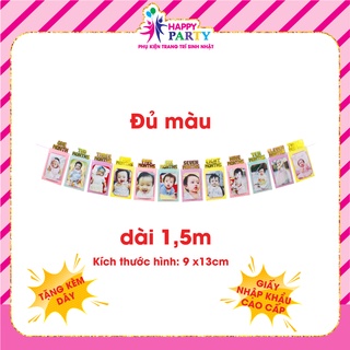 Dây treo ảnh 12 tráng, dây hình 12 tháng trang trí sinh nhật, trang trí thôi nôi HAPPY PARTY cao cấp ánh kim kt 11x21cm