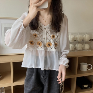 Áo Dệt Kim Nữ Tay Dài Phối Ren Phong Cách Hàn Quốc baju baju wanita Lenan panjang